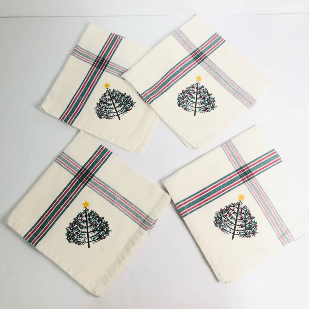vtg 90s christmas napkins pine tree plaid cabin cozy dinner 14.5‎ inch cloth
